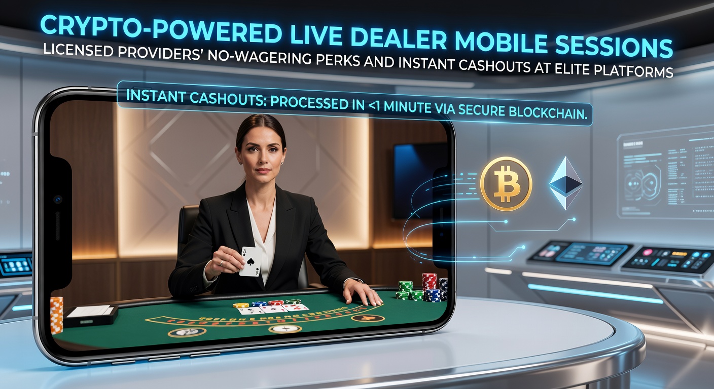 Mobiele live dealer sessie met crypto-integratie op een smartphone-scherm, dealers bij roulette en blackjack tafels zichtbaar