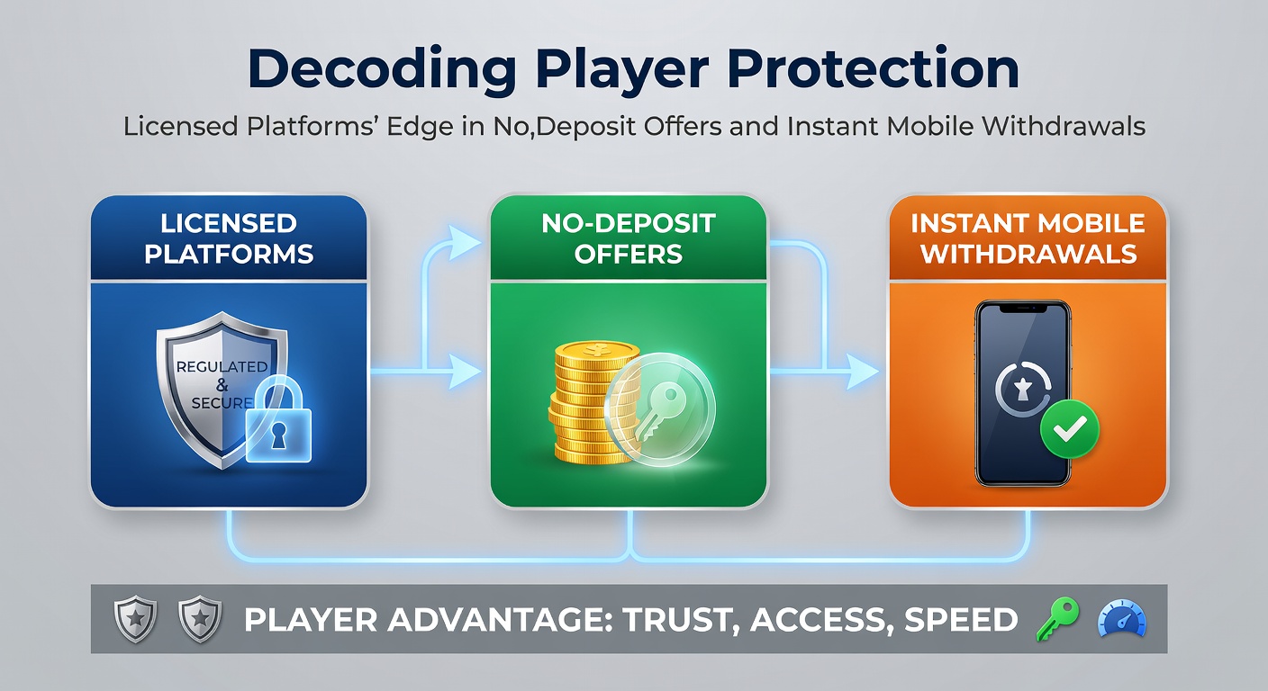 Grafiek die licenties en spelerbescherming illustreert met icons voor bonussen en uitbetalingen op mobiel