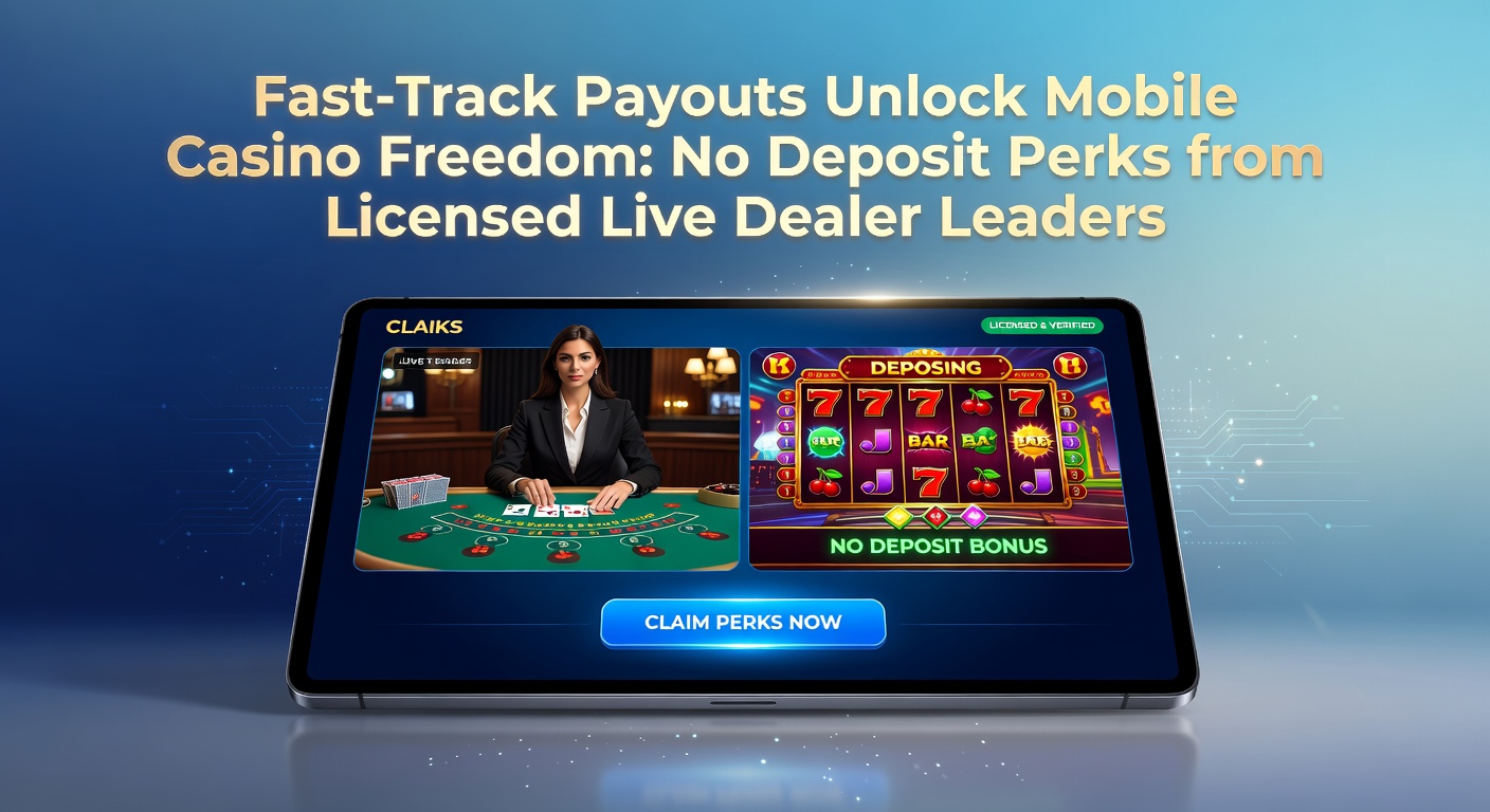 Smartphone met live dealer blackjack op een mobiel scherm, omringd door icons van snelle uitbetalingen en no-deposit bonussen