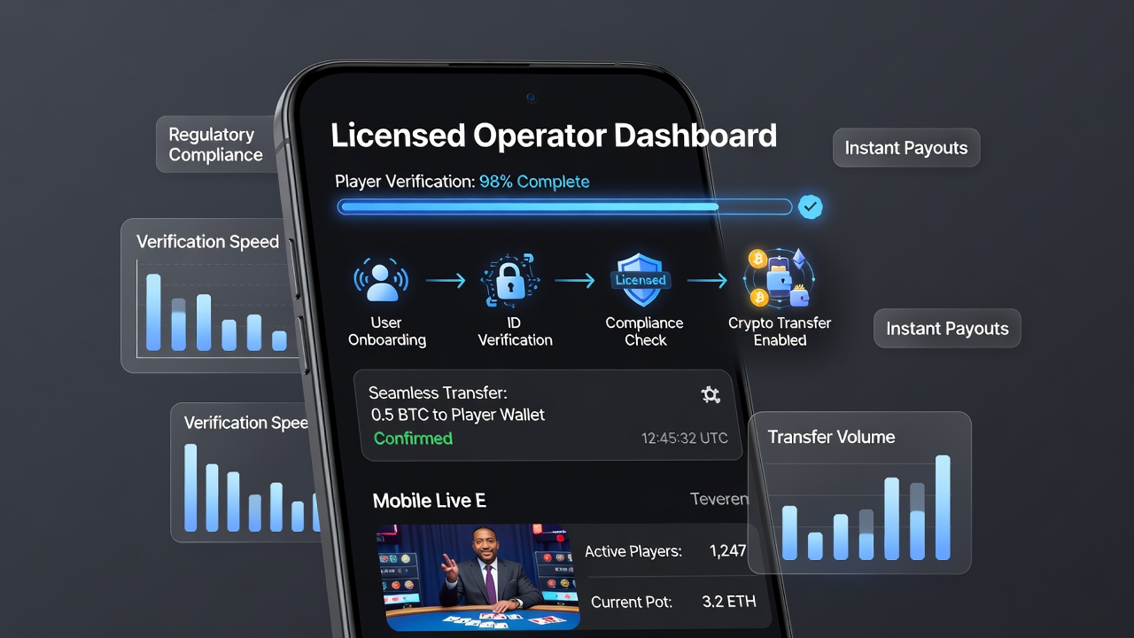 Diagram van gestroomlijnde verificatiestappen voor crypto-betalingen in mobiele live casino apps