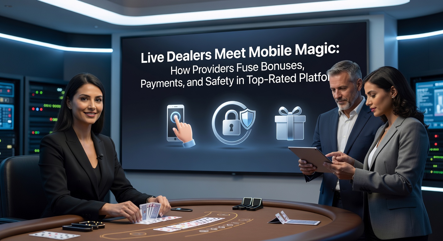 Grafiek met icons van betaalmethodes, bonus chips en een slot met live dealer op een mobiel scherm, illustrerend integratie van diensten
