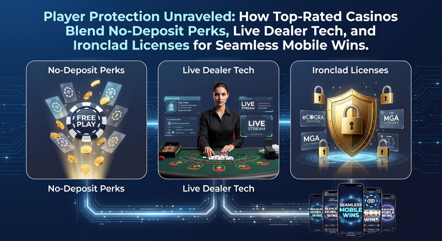 Schermafbeelding van een mobiel casino-interface met live dealer tafels en no-deposit bonuspromoties, omringd door licentielogo's voor veilige spelsessies