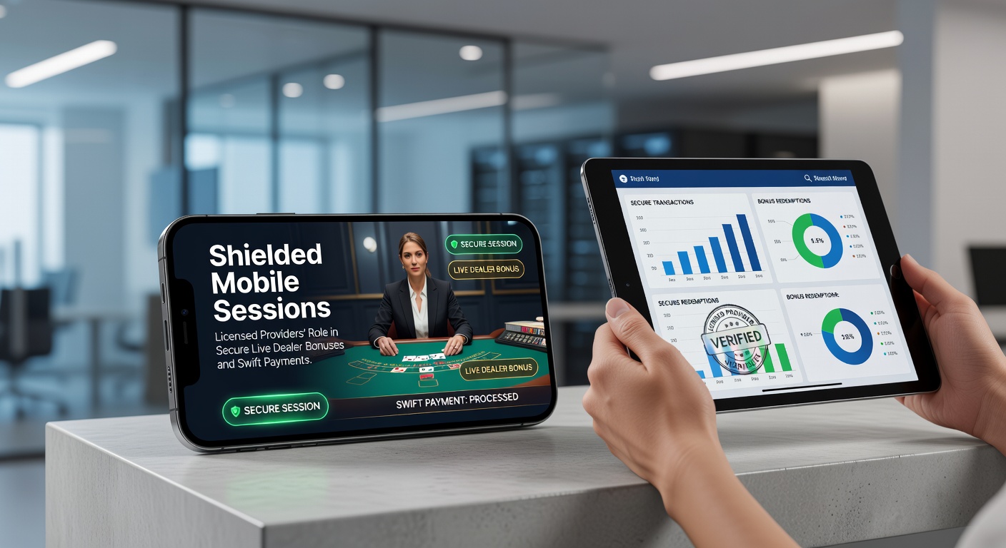 Mobiele telefoon met beveiligde live dealer sessie op een online casino platform, met zichtbare encryptie-iconen en bonusaanbiedingen