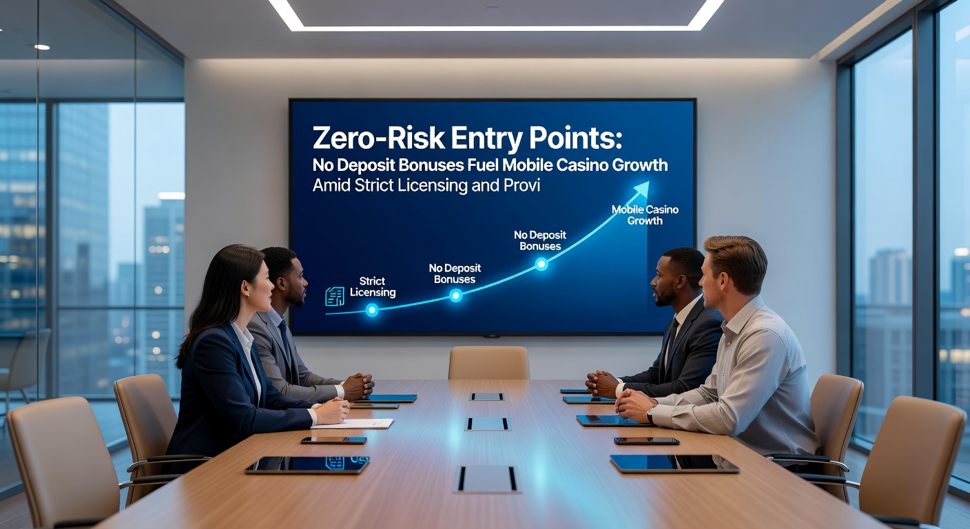 Grafiek met groeicijfers van mobiele casino-gebruikers en no-deposit bonus impact, met licentie-logo's op de achtergrond
